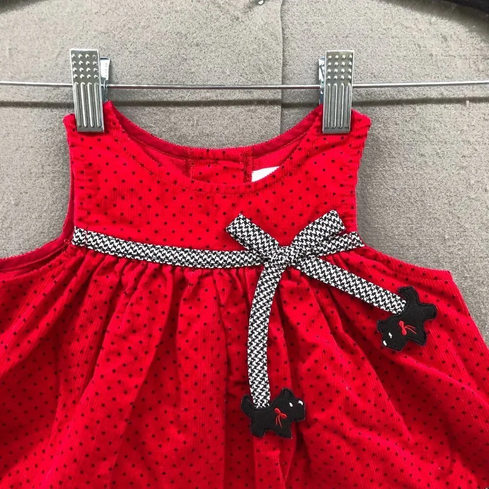 Vintage Girls 12-18M Holiday Pinafore Dress Red Corduroy Christmas‎ Embroidered